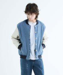 MID BLUE STONE SALT WASH DENIM VARSITY JACKET JUMPER