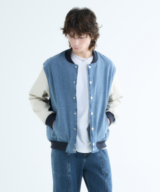 랩원오원(LAB101) MID BLUE STONE SALT WASH DENIM VARSITY JACKET JUMPER 상품 이미지