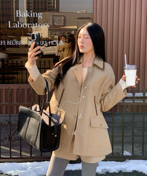 Кожаный combo half trench_BEIGE