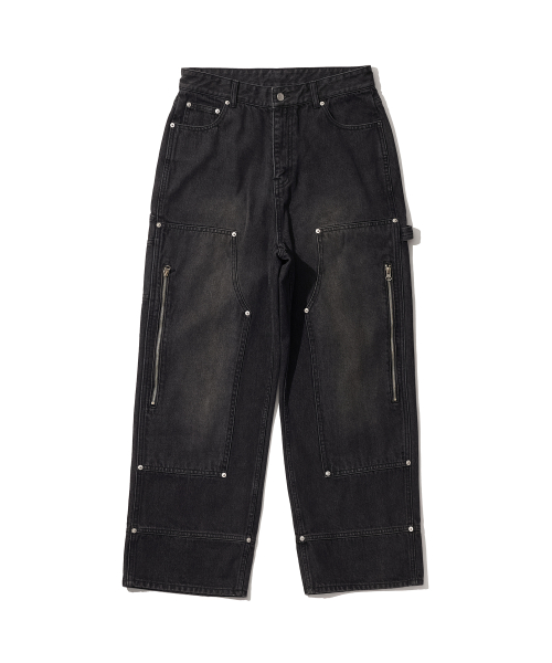 MUSINSA | 1993STUDIO Double knee carpenter washed denim pants_black