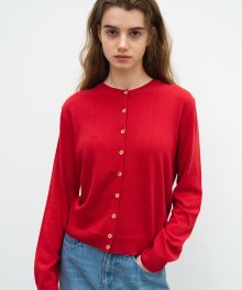 WOOD BUTTON ROUND CARDIGAN - RED