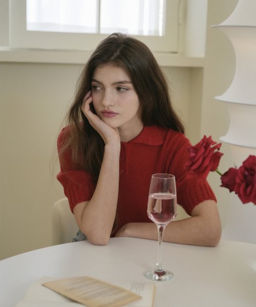 Button Collar Half Knit (Red)