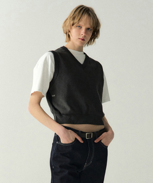 V Cropped Knit Vest_Grey