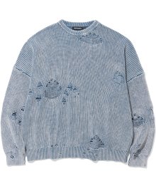 Pigment Dyeing Destroyed Knit Sweater - Blue