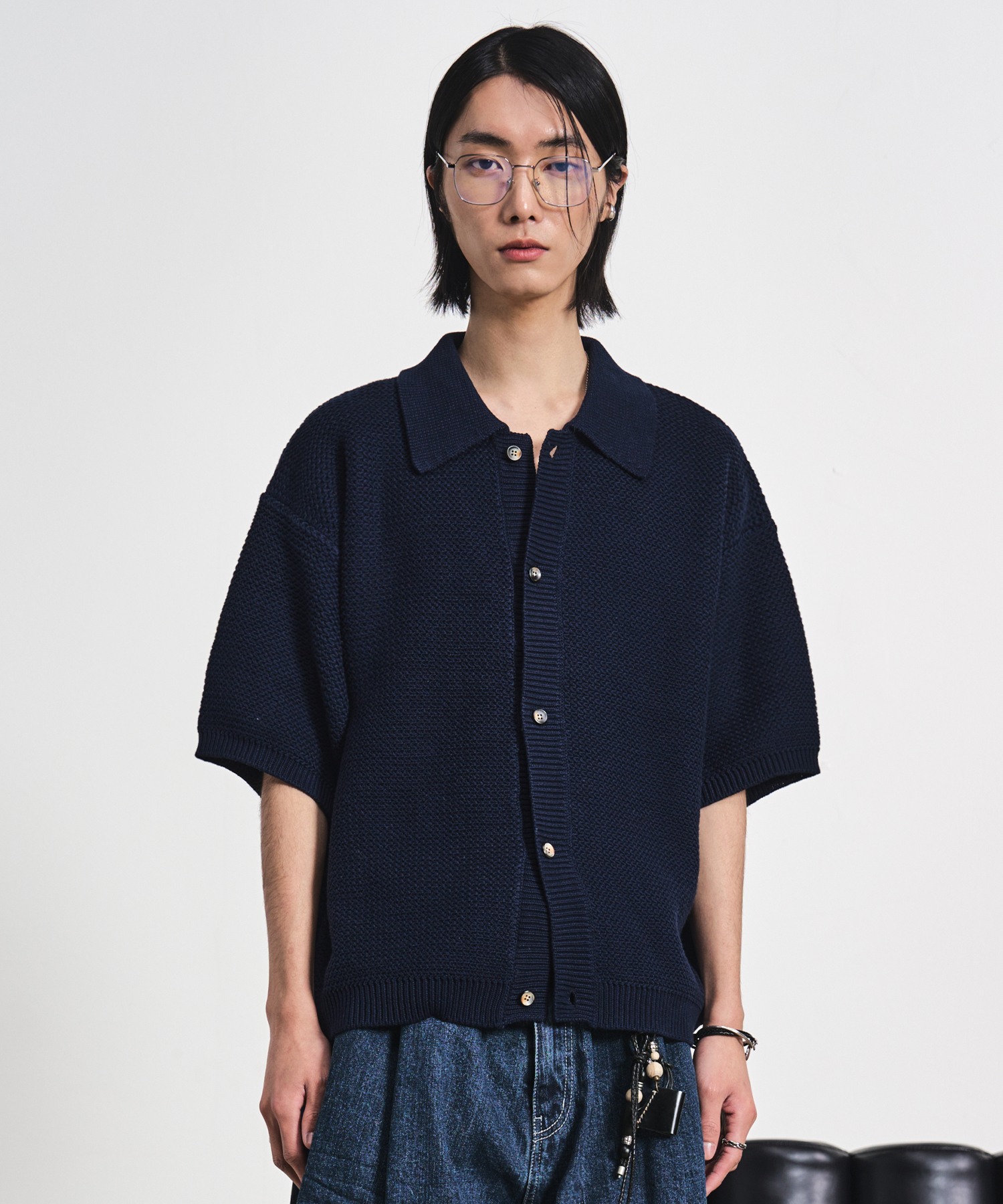 Tweedy Half Knit Cardigan Navy