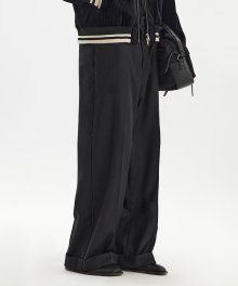 Leather-Trim Wide Pants - Black