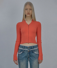 Cable Collar Knit Zip-Up Coral