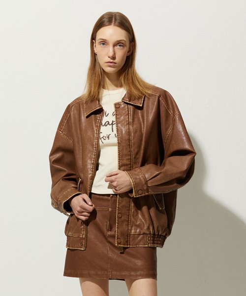465-1 VINTAGE COATED LEATHER LOOSE FIT JUMPER_CAMEL
