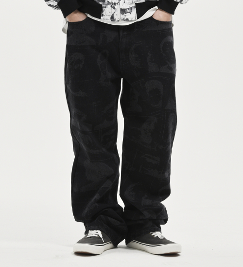 PORTRAIT PRINTING DENIM PANTS  BLACK