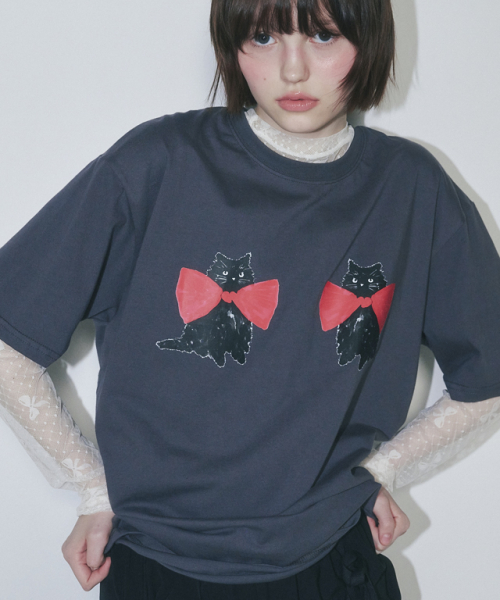 론론(RONRON) RIBBON CATS T SHIRT CHARCOAL - 사이즈 & 후기