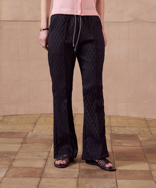 Jacquard drawstring bootcut banding pants Black