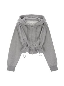 STRING DETAIL CROP HOODY ZIP UP IN GREY