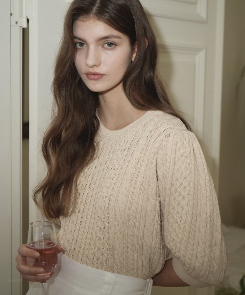 [Cotton 100%] Round Shirring Cable Half Knit (Cream_beige)