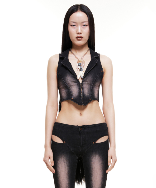 Cropped Denim Vest Brown/Black
