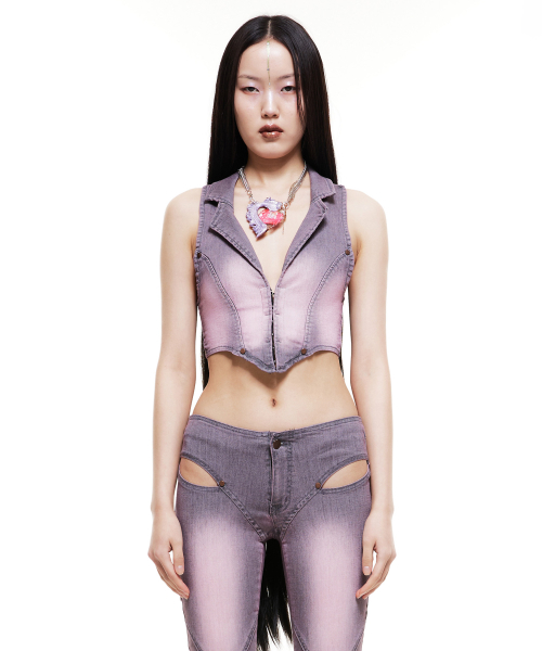 Cropped Denim Vest Pink/Gray