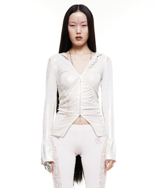 Cut-Out Shirring Hoodie Zip-up Glitter Ivory