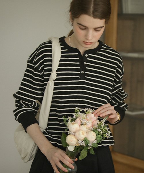 Henry neck stripe ribbed t-shirt_Black