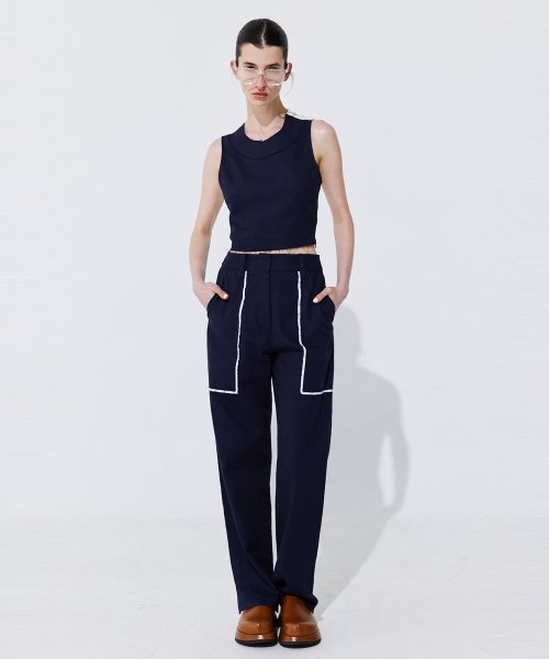 Color-Block Point linen Trousers_Navy ( _)