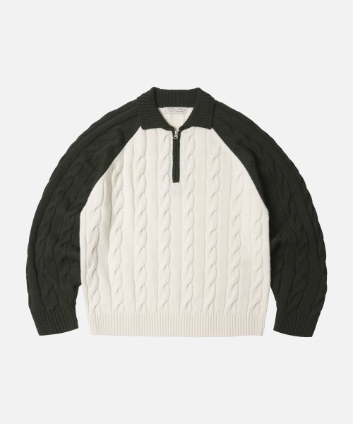 WOOL CABLE RAGLAN HALF ZIP KNIT _ DARK OLIVE