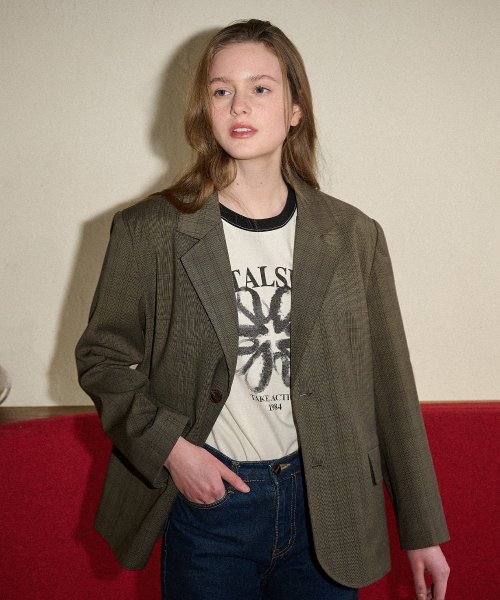 [LINE] Oversized Two Button Plaid Jacket