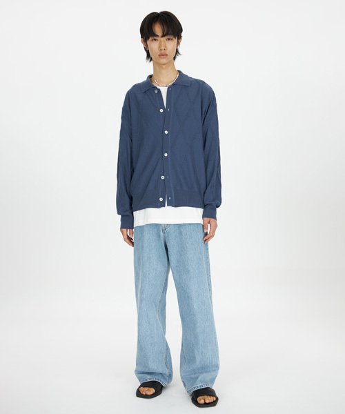 Fringe Knit Collar Cardigan - Blue