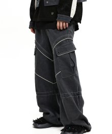 KNEE STRING CARGO DENIM PANTS - GRAY