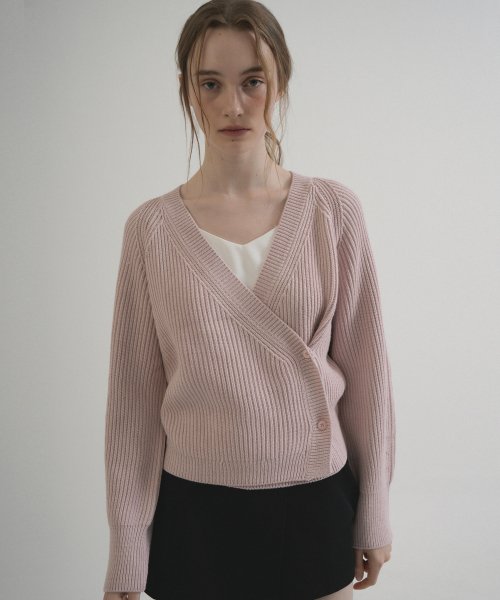 V-neck Ribbed Wrap Knit Cardigan (Light_pink)