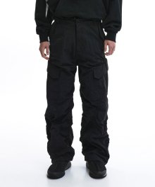 NYLON SHIRRING CARGO PANTS-BLACK