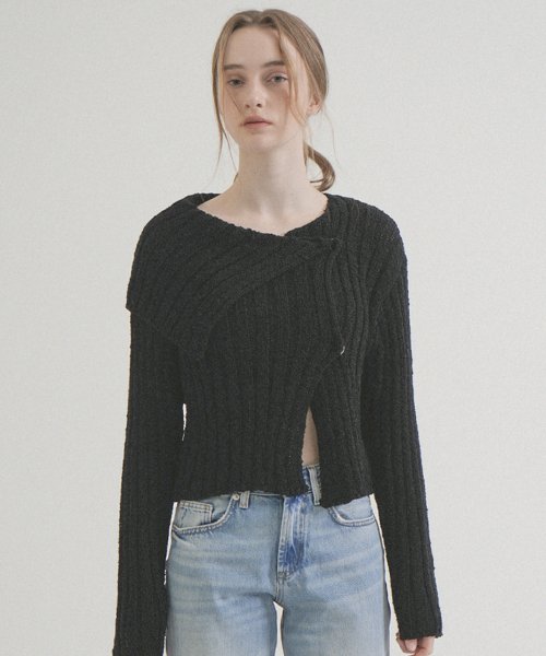 Oblique Collar Click Button Knit Cardigan (Black)