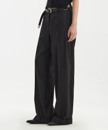 Leather-Trim Wide Pants - Black