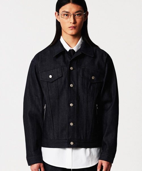 Zipper Trucker Denim Jacket (Deep Blue)