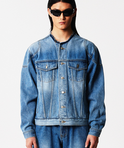 Collarless Biker Denim Jacket (Blue)