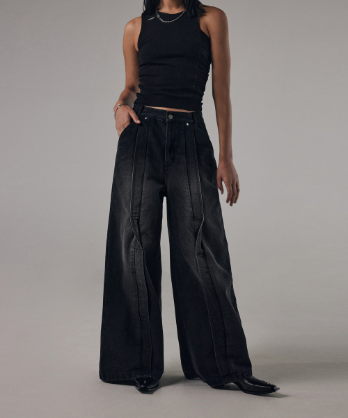 트리밍버드(TREEMINGBIRD) Twisted Wide Denim Set-up Pants [ Black