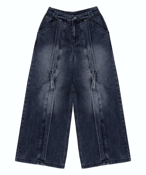 트리밍버드(TREEMINGBIRD) Twisted Wide Denim Set-up Pants [ Blue