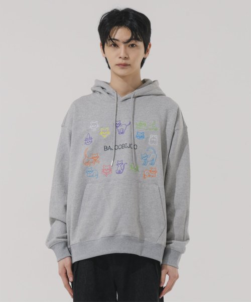COLORFUL CAT EMBROIDERY OVER-FIT HOODIE [GREY]