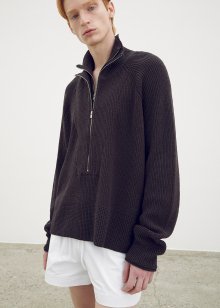Double collared half zip up pullover_Brown
