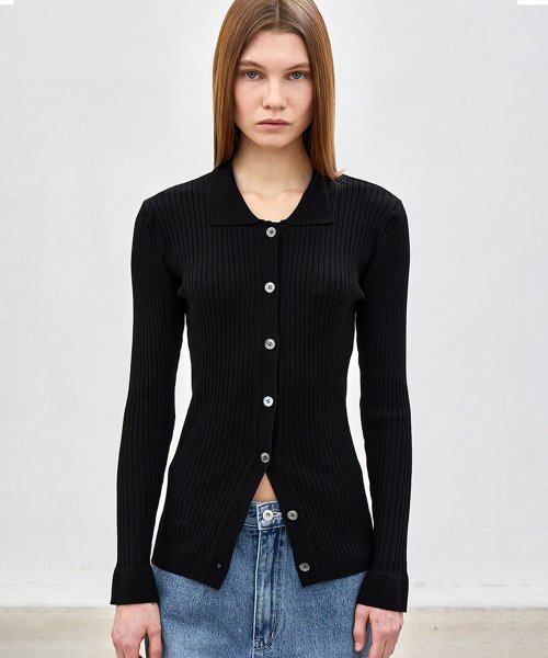 SLIM FIT COLLAR KNIT CARDIGAN - BLACK