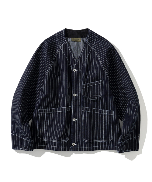 stripe pocket cardigan denim jacket blue rinsed