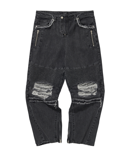 DENIM BIKER BAGGY PANTS / BLACK