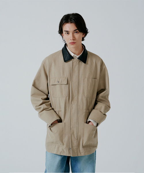 (MEN) Куртка-хантинг с кожаным воротником Beige