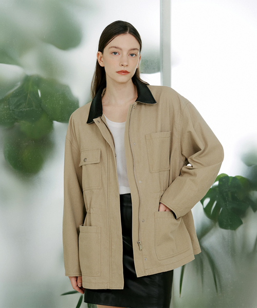 Куртка-хантинг с кожаным воротником Beige
