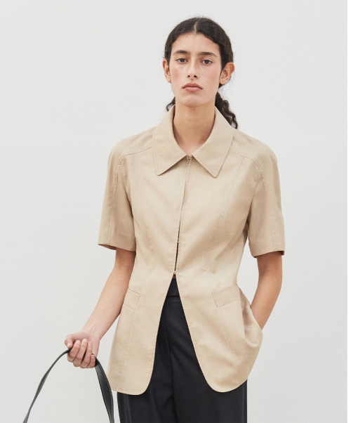 Полуприталенный жакет с коротким рукавом_SAND BEIGE