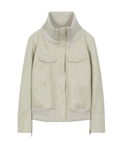 HIGH NECK LINE FAUX LEATHER JACKET_CREAM