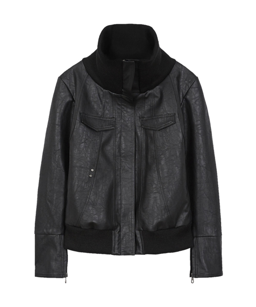 HIGH NECK LINE FAUX LEATHER JACKET_BLACK