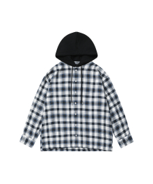 Over-fit check hood shirt - NAVY