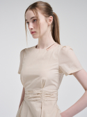 에트몽(ETMON) Neck Cut-Out Shirring Dress, Light Beige