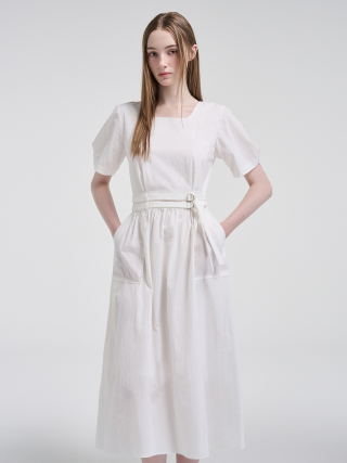 에트몽(ETMON) 2-Way Sleeve Belted Dress, White...