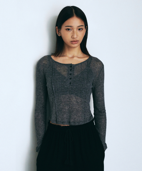 See-through button slim t-shirt (melange gray)