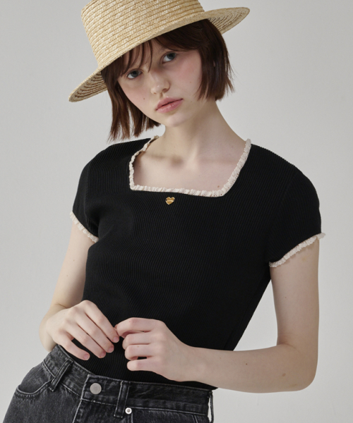 ◆RONRON◆ LACE SQUARE HEART NECK SHORT SLEEVE BLACK 론론(RONRON) LACE SQUARE HEART NECK SHORT SLEEVE BLACK