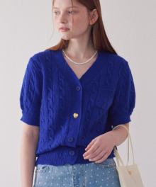CABLE HEART BUTTON SHORT SLEEVE KNIT CARDIGAN BLUE